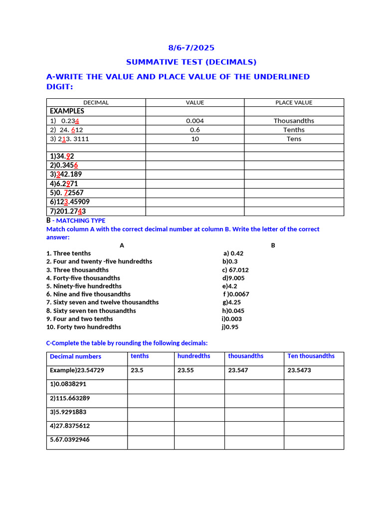 Decimals Summative Test Guide | PDF