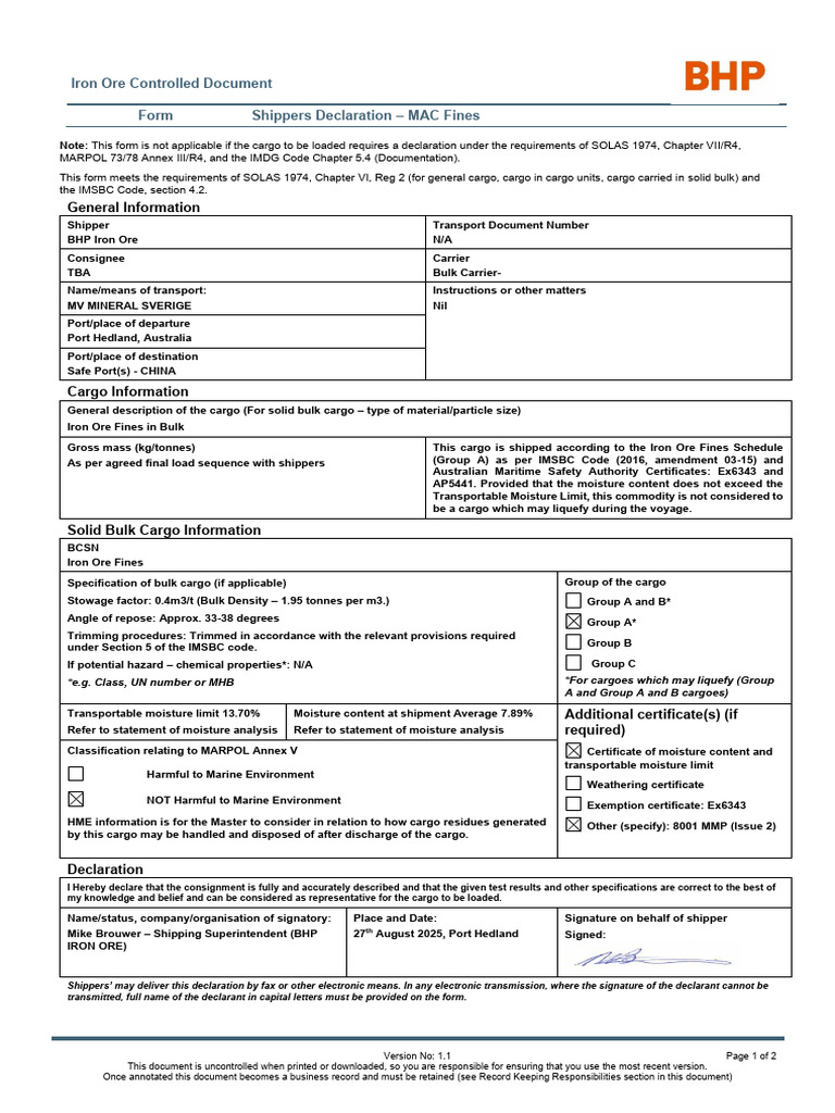 Iron Ore Fines Shippers Declaration Form | PDF | Cargo | Shipping