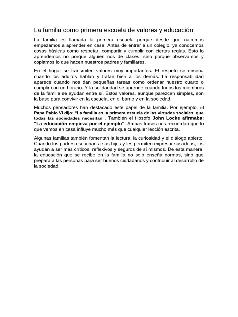 La Familia Como Primera Escuela de Valores y Educación | PDF