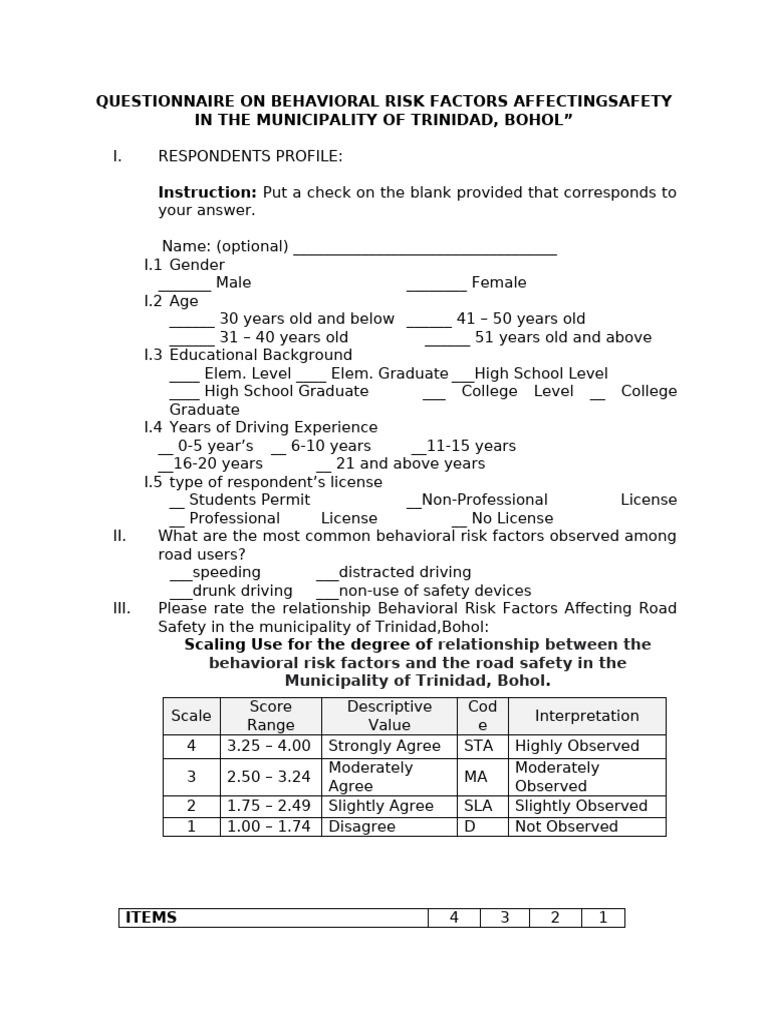 Questionnaire On Behavioral Risk Factors Affectingsafety in The ...