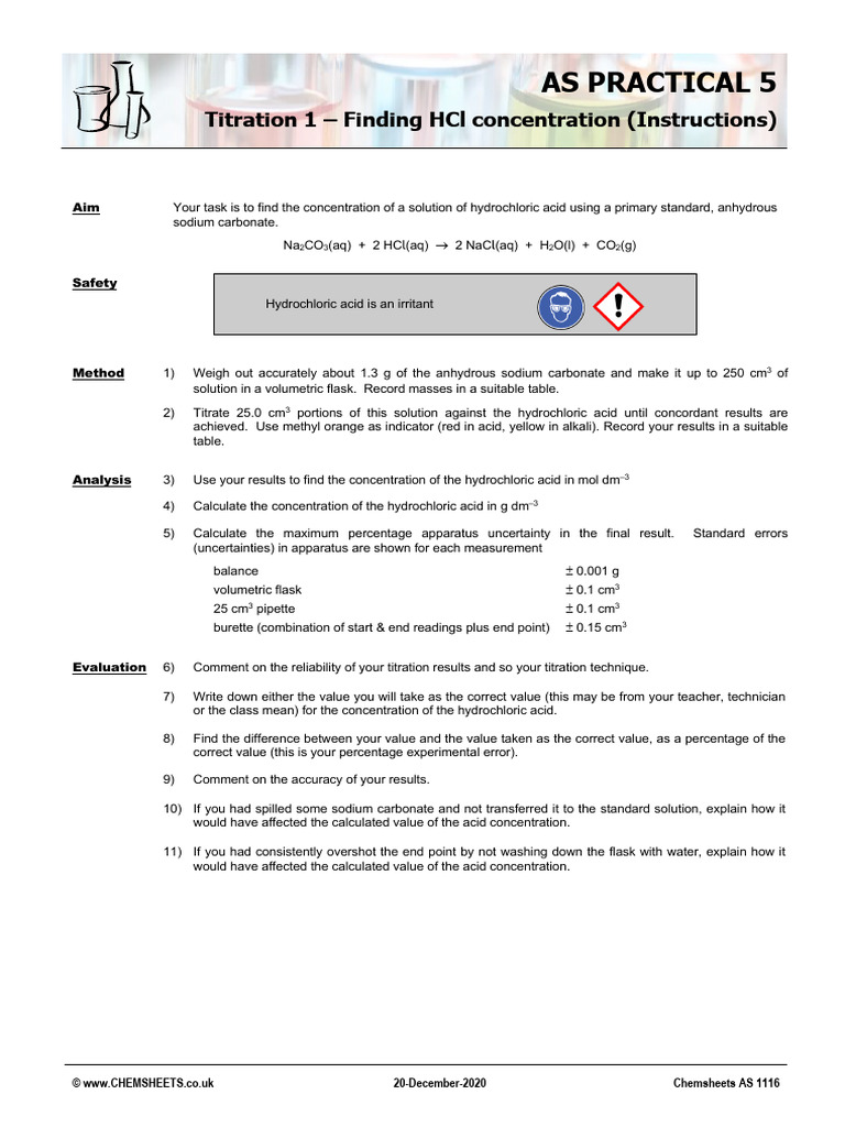 Chemsheets As 1116 As Prac 5 Acid Base Titration 1 Instructions | PDF ...