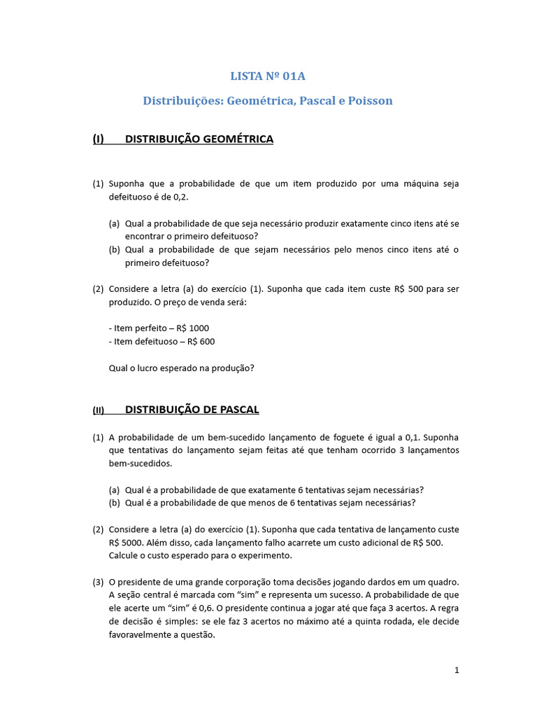 Distribuições Geométrica, Pascal e Poisson | PDF | Probabilidade ...