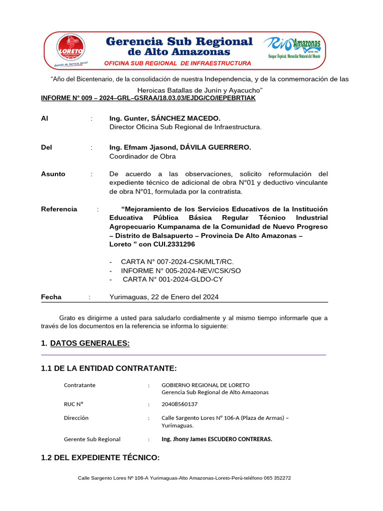 Informe 009 - 2024 - Obs - Adicional de Obra N°01 | PDF