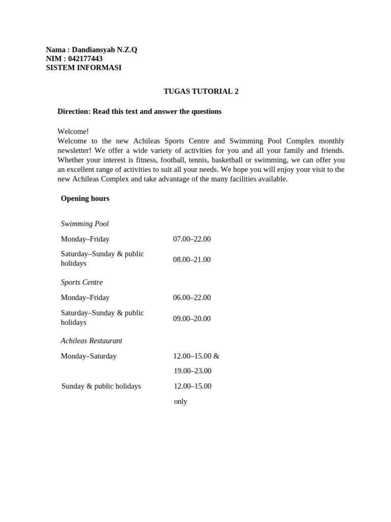 Tutorial Assignment 2 Dandiansyah 042177443 | PDF | Workweek And Weekend