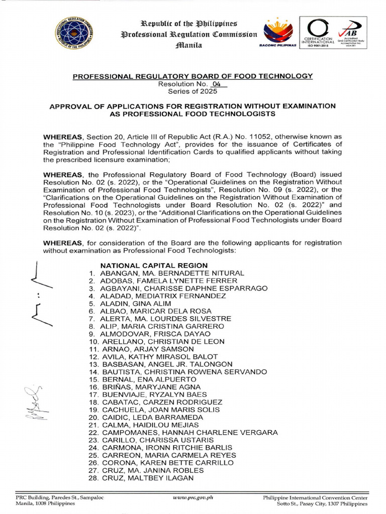 Registration of Food Technologists 2025 | PDF