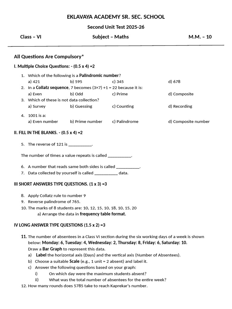 Class VI Maths Unit Test 2025-26 | PDF