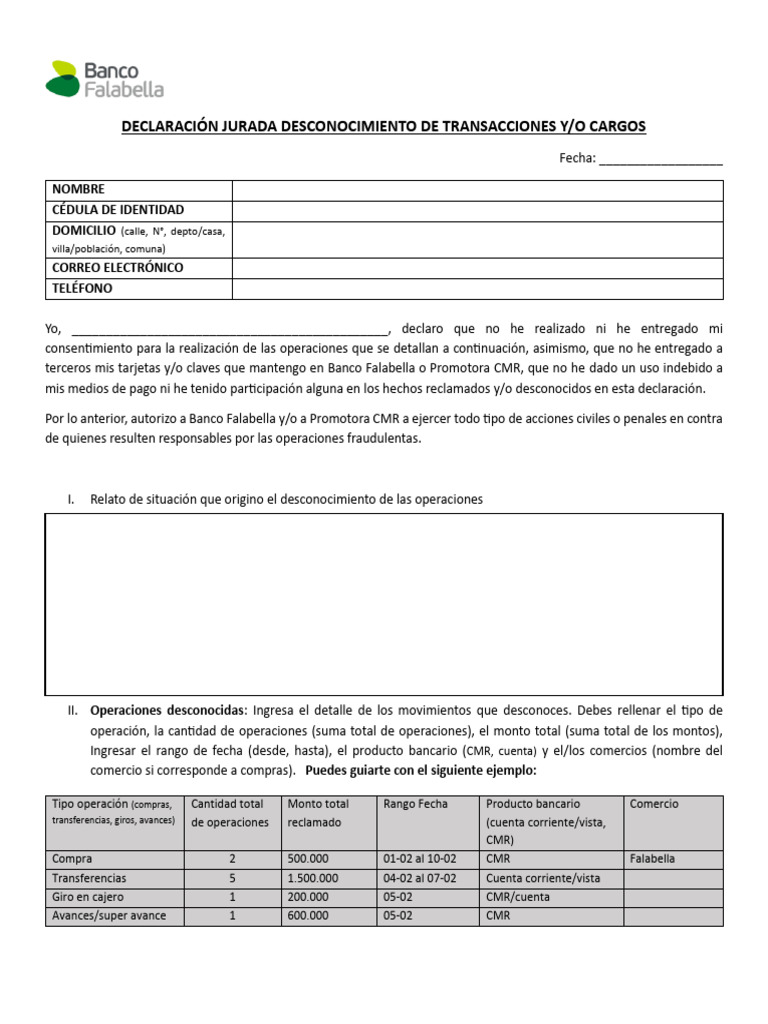 Declaración Jurada Ley 20.009 | PDF