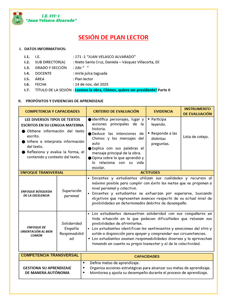 29 de Octubre PLAN LECTOR (Leemos La Obra Del Chimoc Quiere Ser ...