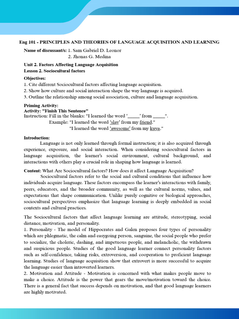 Sociocultural Factors Leonor and Medina | PDF | Language Acquisition ...