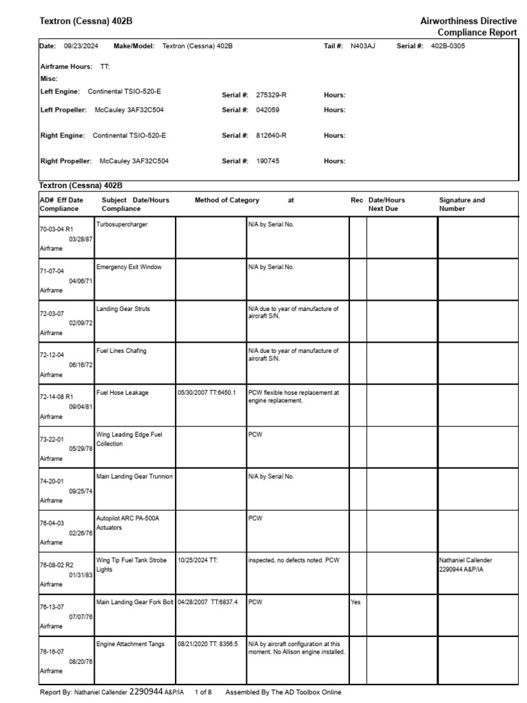 Cessna 402B AD Compliance Report | PDF | Engines | Pump
