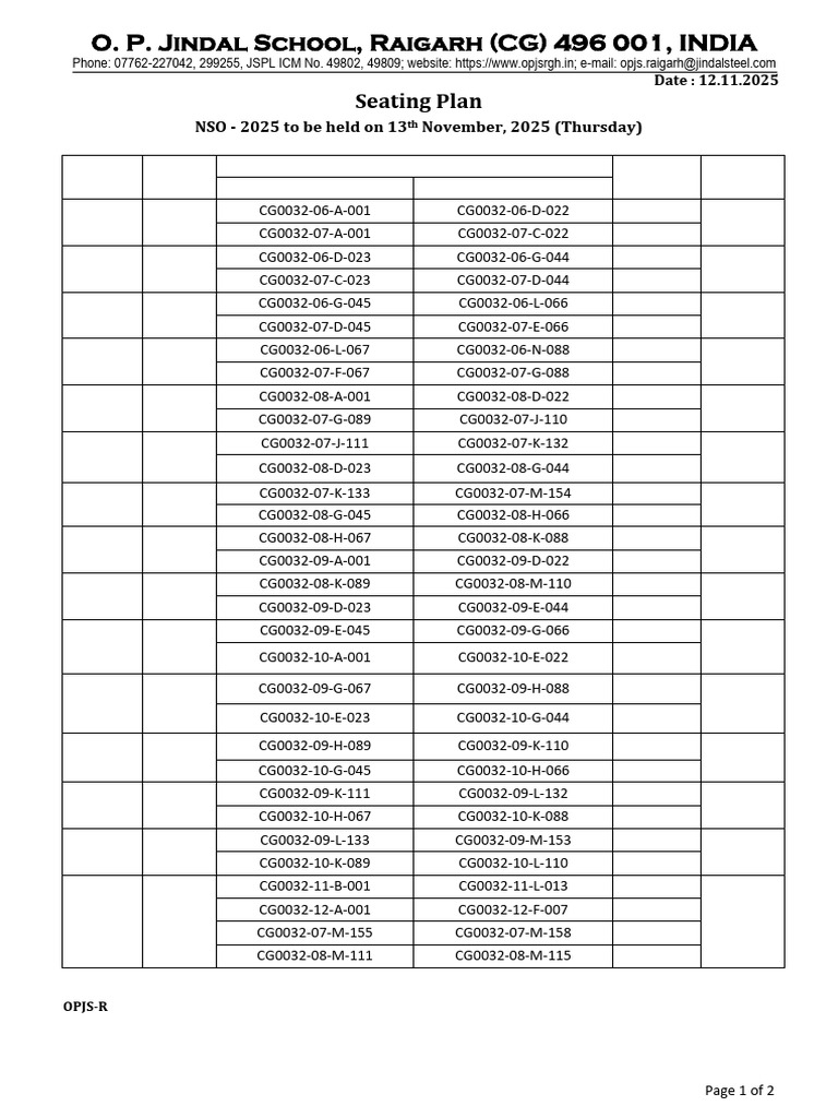 NSO 2025 Seating Plan at OP Jindal | PDF