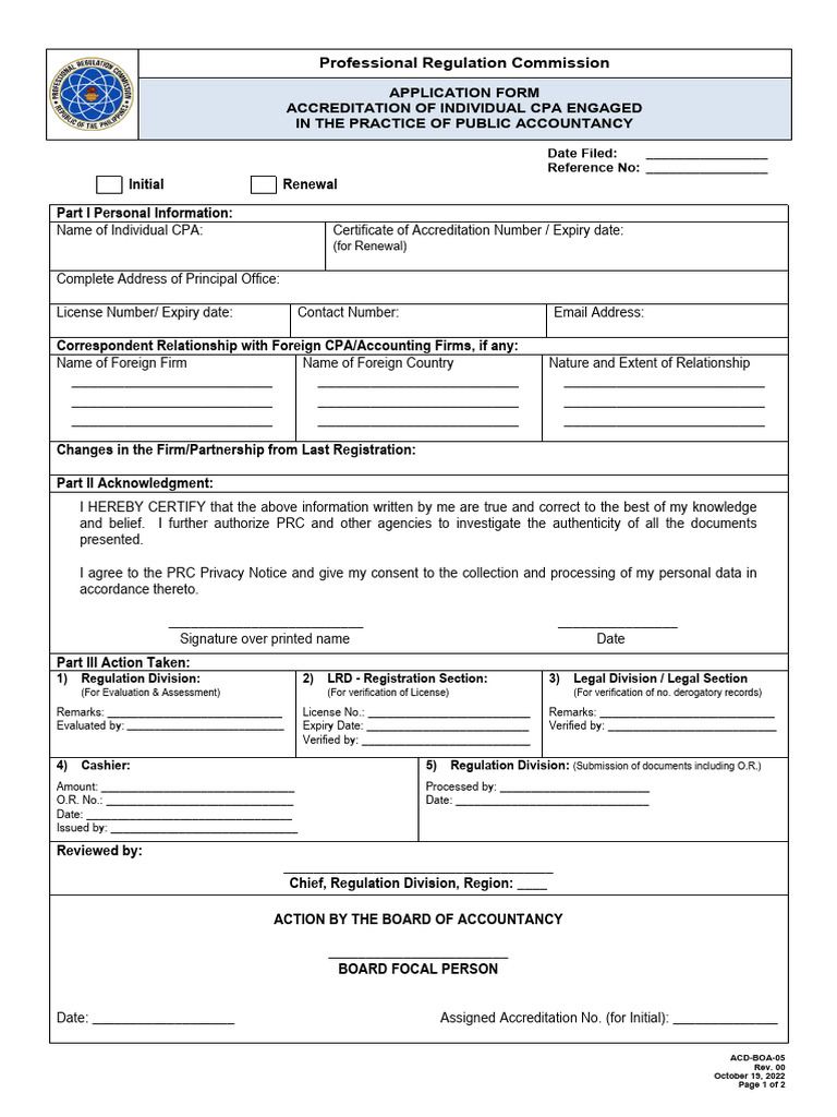 ACD-BOA-05 App Form Acc of Individual CPA 092923 | PDF | Certified ...