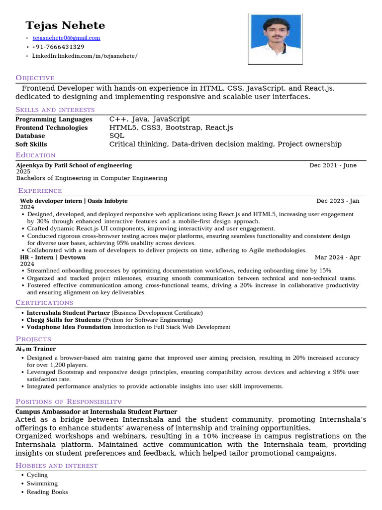 Frontend Developer Resume - Tejas Nehete | PDF | Computing | Software ...