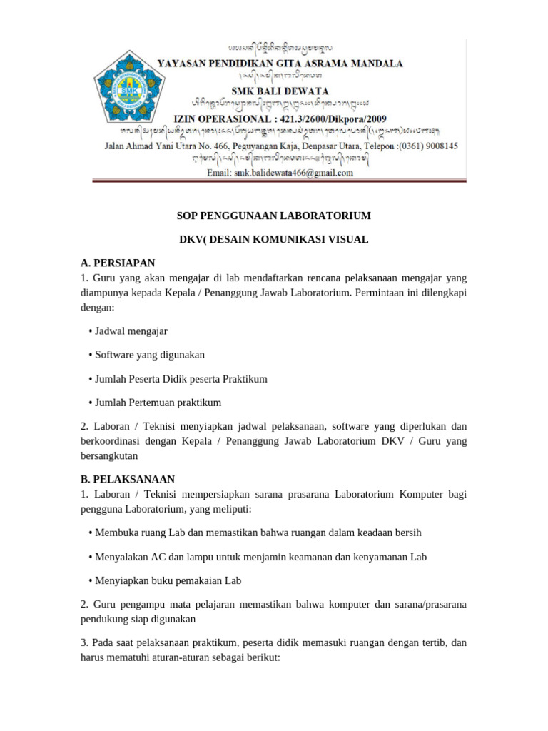 SOP Lab DKV Persiapan Pelaksanaan | PDF