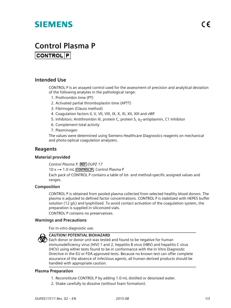 Control Plasma P for Coagulation Testing | PDF | Blood Plasma | Coagulation