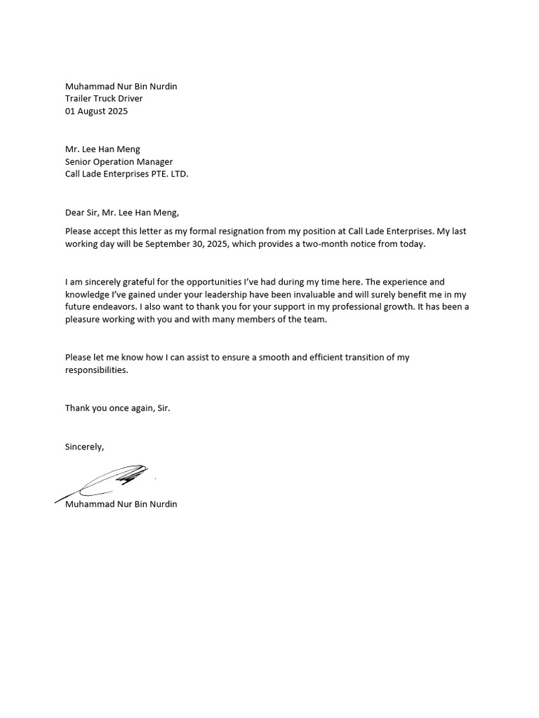 Resignation Letter from Truck Driver | PDF