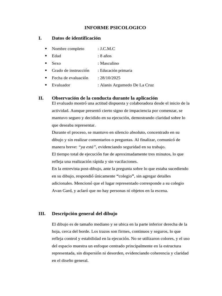 Informe psicológico de niño de 8 años | PDF | Las emociones | Dibujo