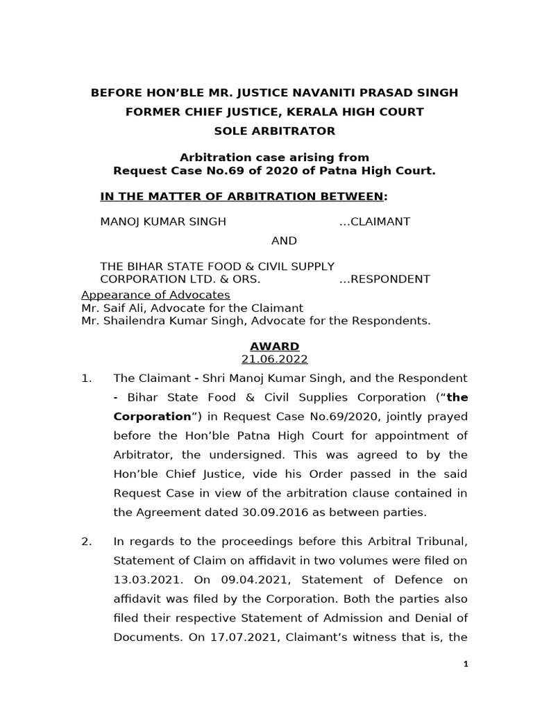 Final Arbitral Award - Manoj Kumar v. BSFC | PDF | Arbitration ...