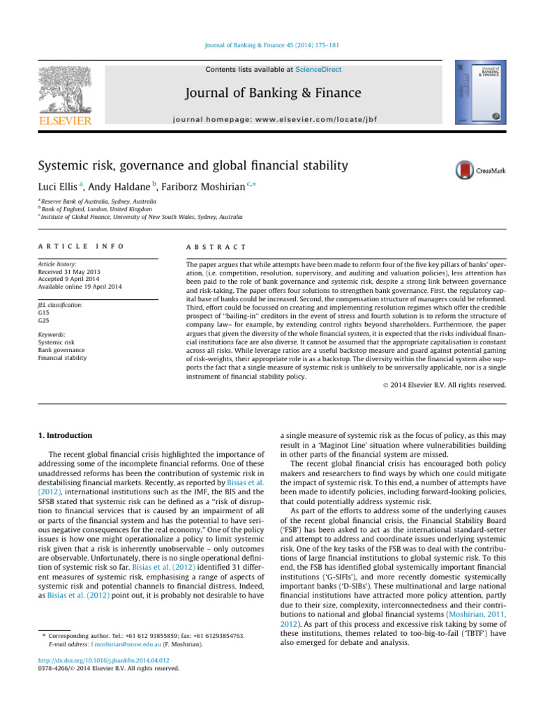 Systemic Risk Governance and Global Financial 2014 Journal of Banking ...