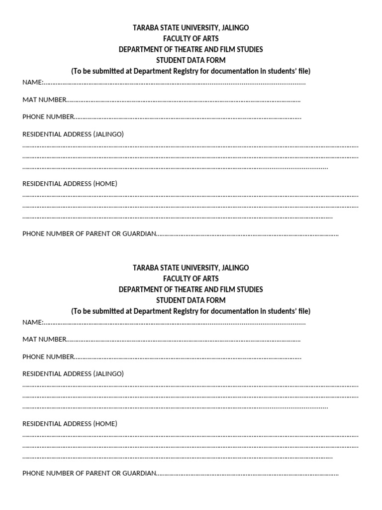 Taraba State University Student Data Form | PDF