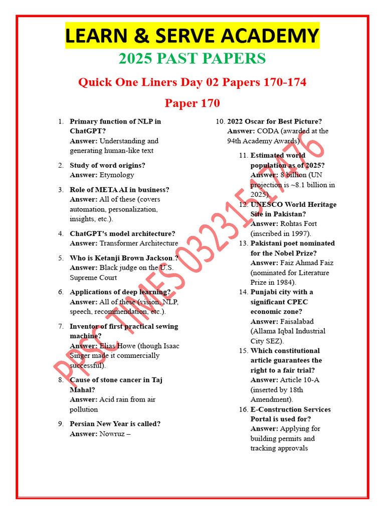 Paper 170 To 174 (2025 Paper Day 2) | PDF | Pakistan | Quran