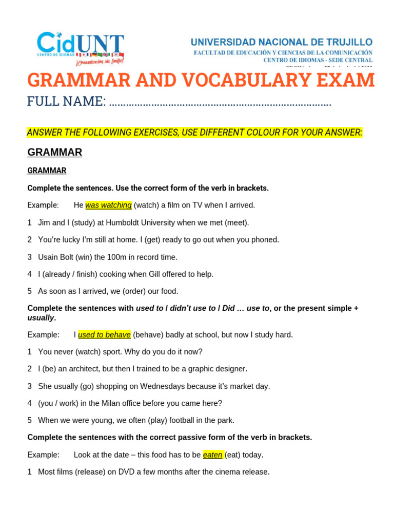 Grammar and Vocabulary Exam Guide | PDF