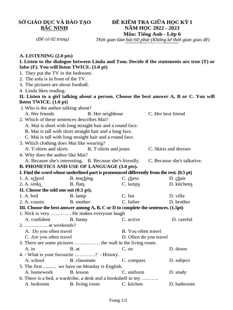 English Test for 6th Grade Students | PDF