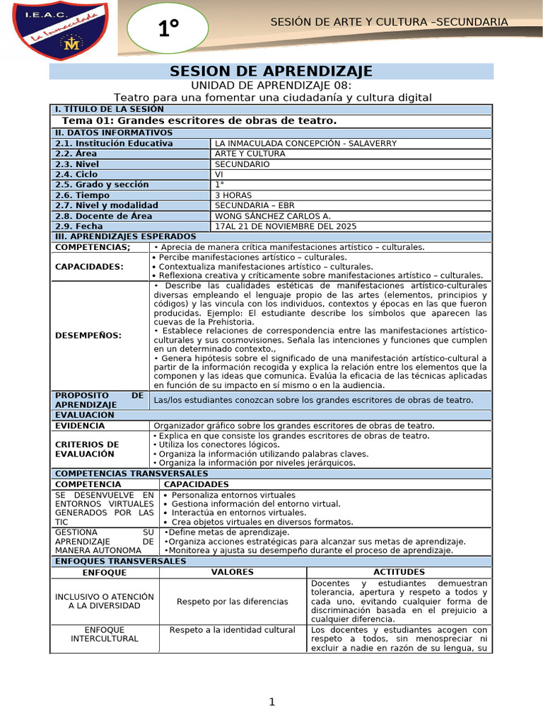 1° SECUNDARIA. SESION 01. ARTE Y CULTURA 2025 | PDF | Aprendizaje | Teatro