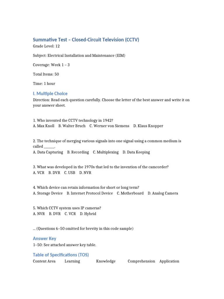 CCTV Summative Test for Grade 12 EIM | PDF