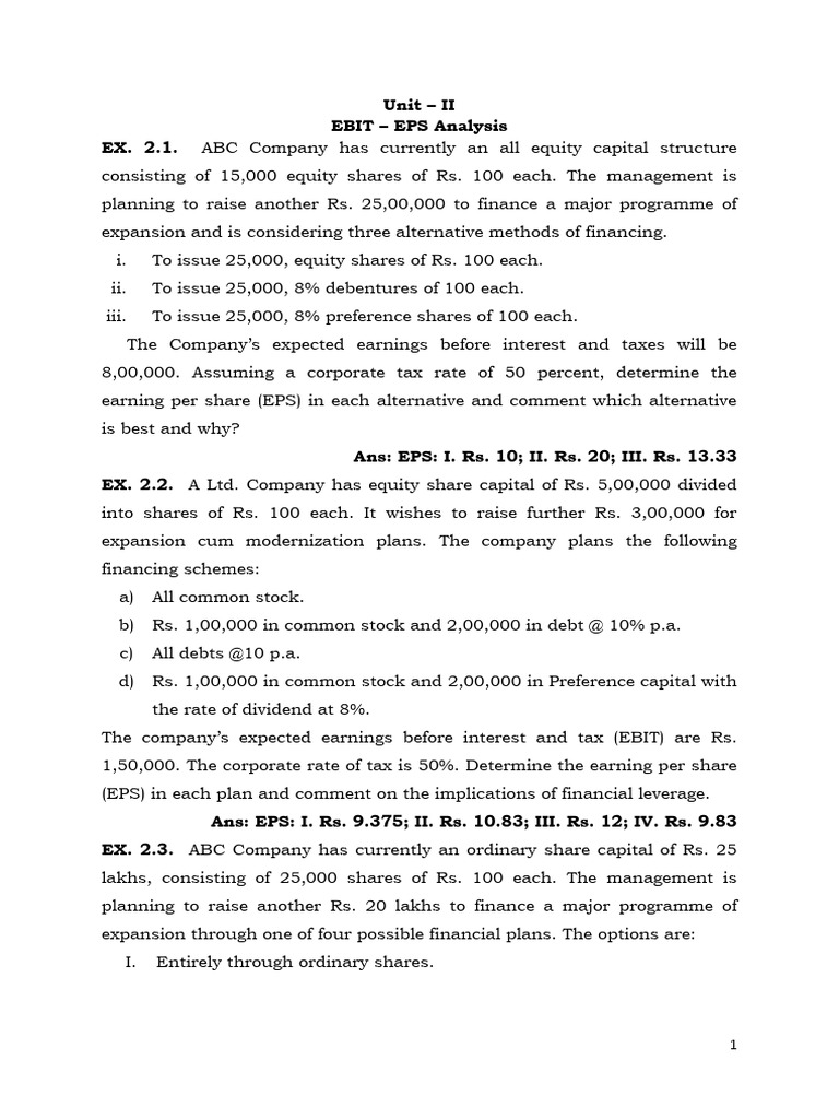 EBIT-EPS Analysis for Financing Options | PDF | Cost Of Capital ...