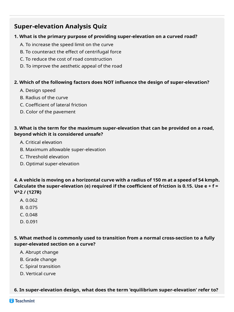 Super-elevation Analysis Quiz Guide | PDF | Mechanical Engineering