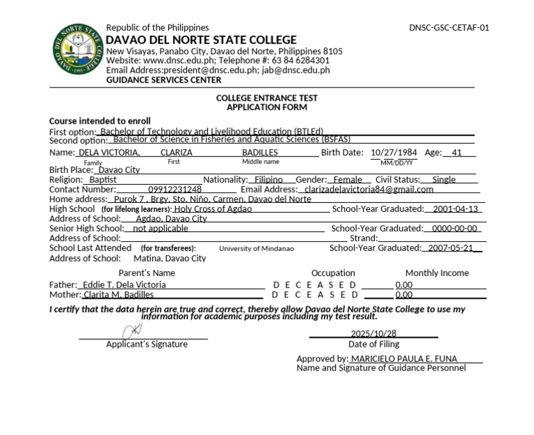 Davao del Norte State College Entrance Test Application | PDF