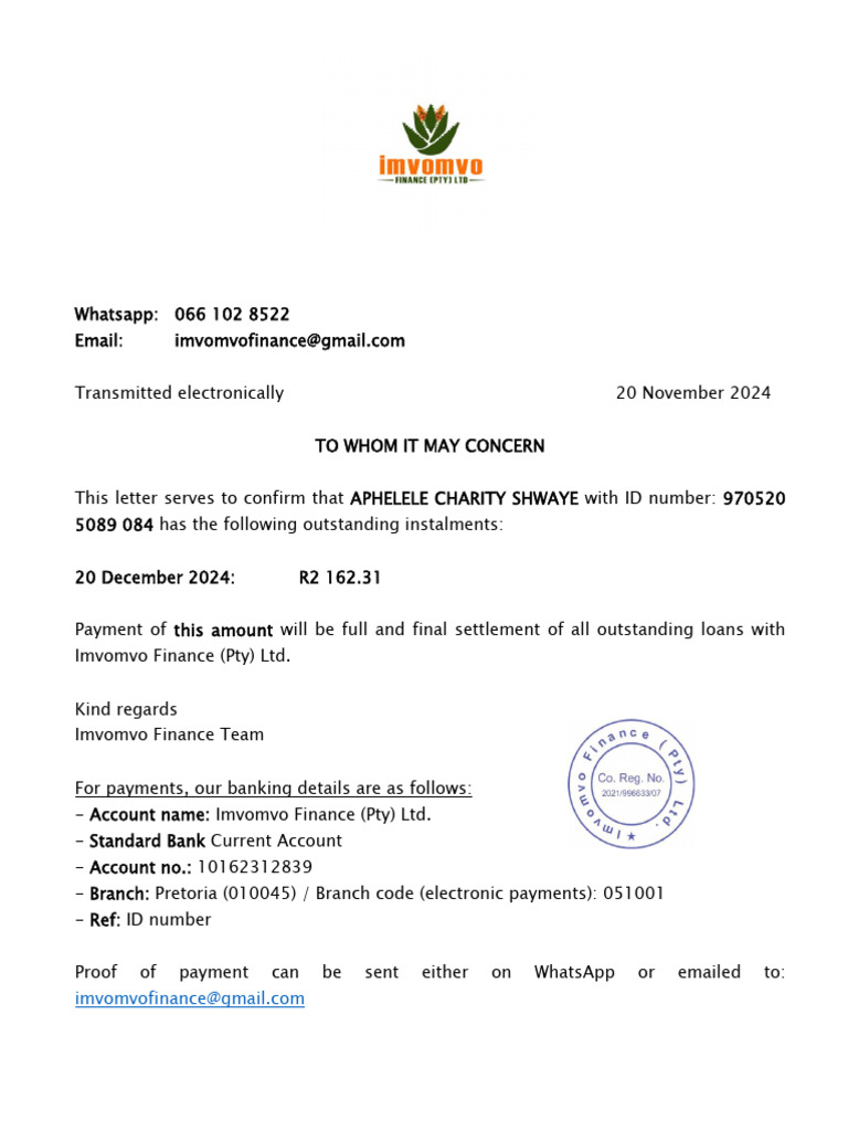 AC SHWAYE Final Balance Letter 20112024 | PDF