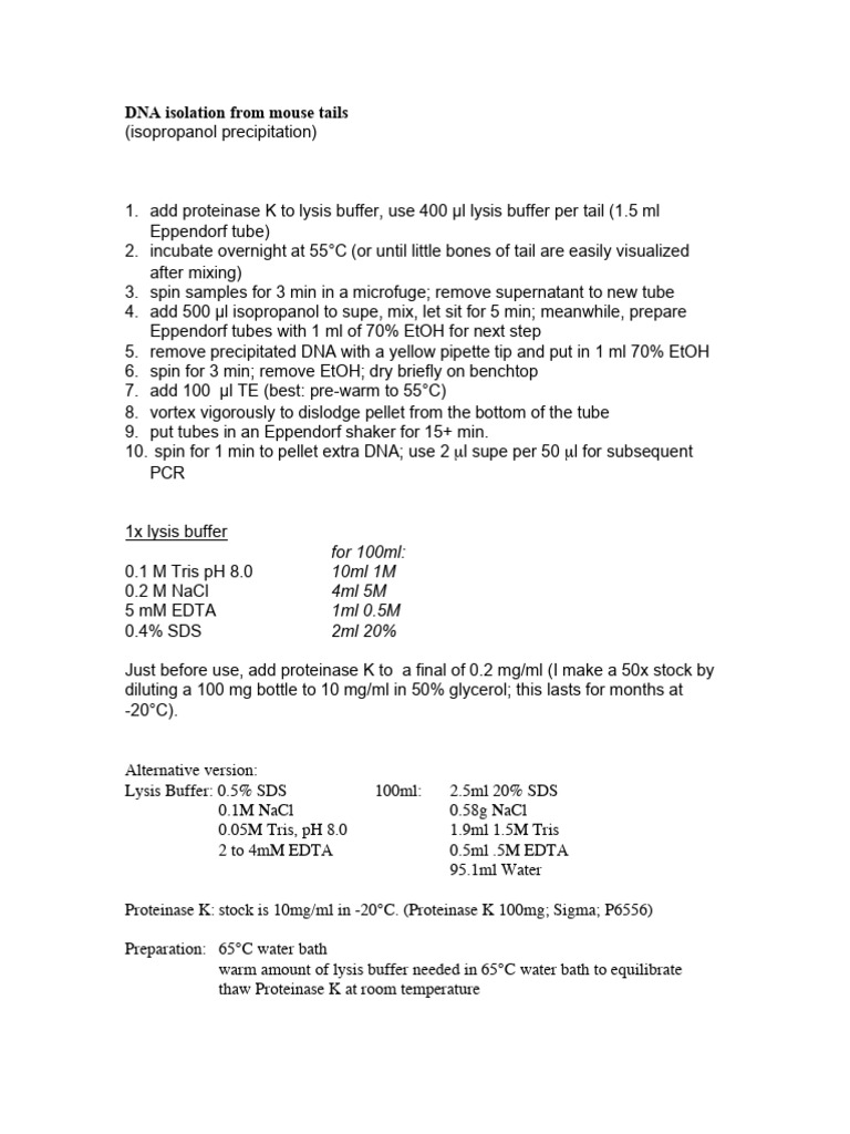 Dna Isolation From Mouse Tails | PDF | Biochemistry | Chemistry
