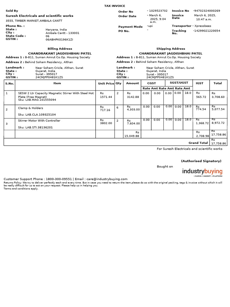 Invoice for Magnetic Stirrer Purchase | PDF