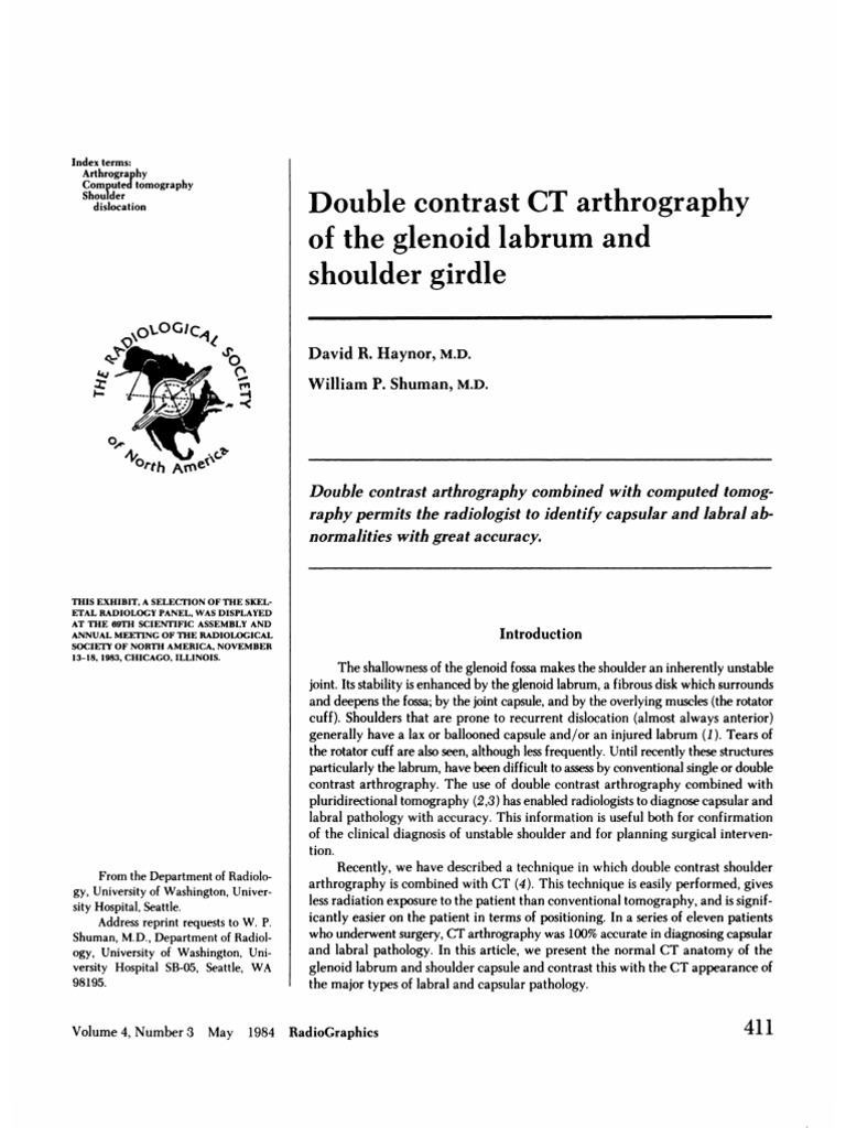 Double Contrast CT Arthrography of The Glenoid Labrum and Shoulder ...