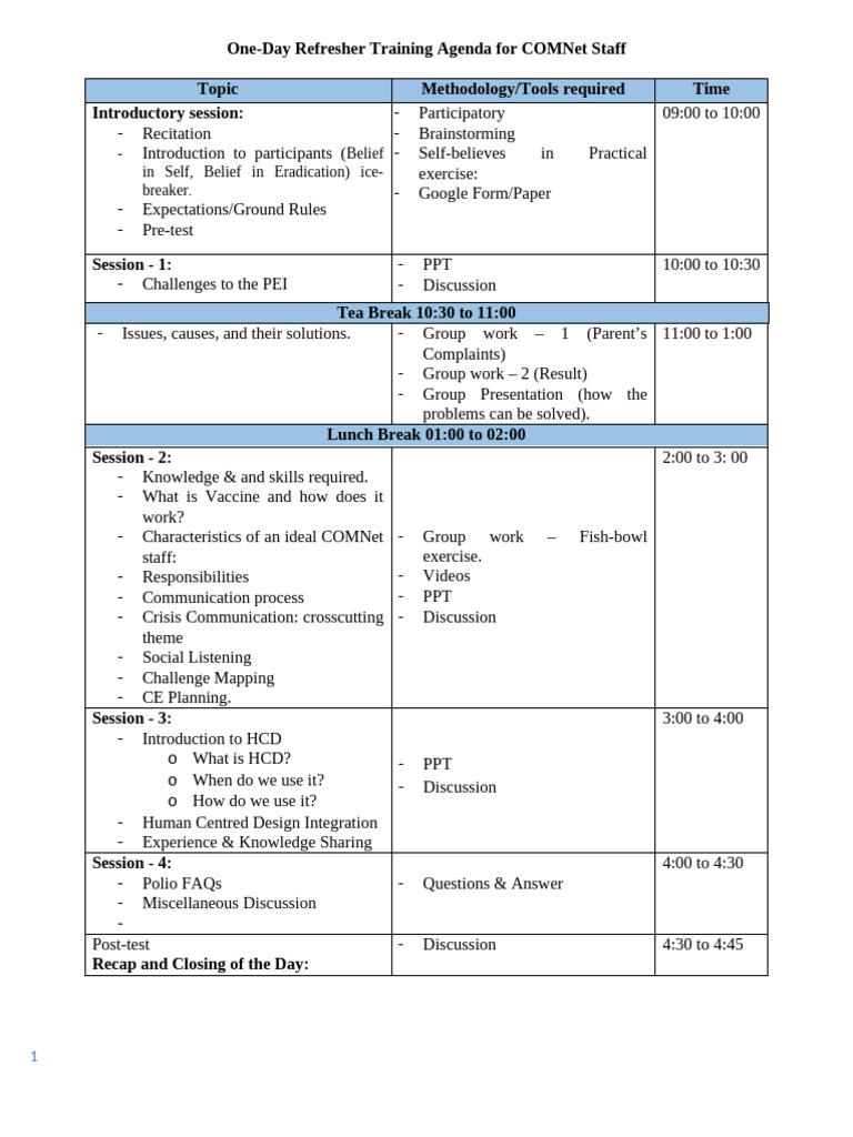 One Day Refresher Training Agenda For COMNet Staff 30-10-23 | PDF ...