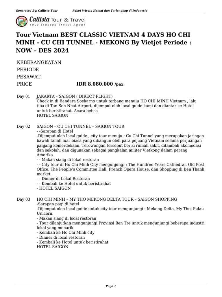 Tour Vietnam Best Classic Vietnam 4 Days Ho Chi Minh Cu Chi Tunnel ...
