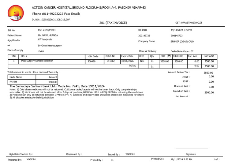 Thank You NAWLHRANGA For Your Payment. Copy of OP Pharmacy Invoice Is ...
