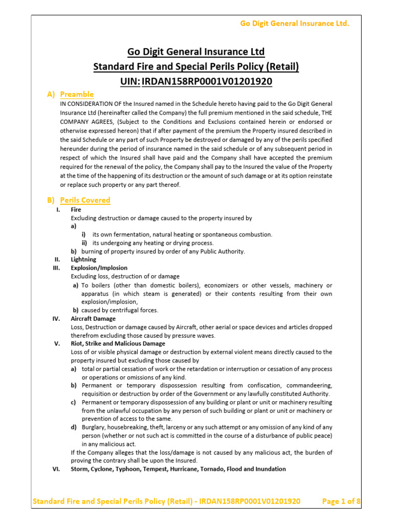 Go Digit Fire & Special Perils Policy | PDF | Insurance | Arbitral Tribunal