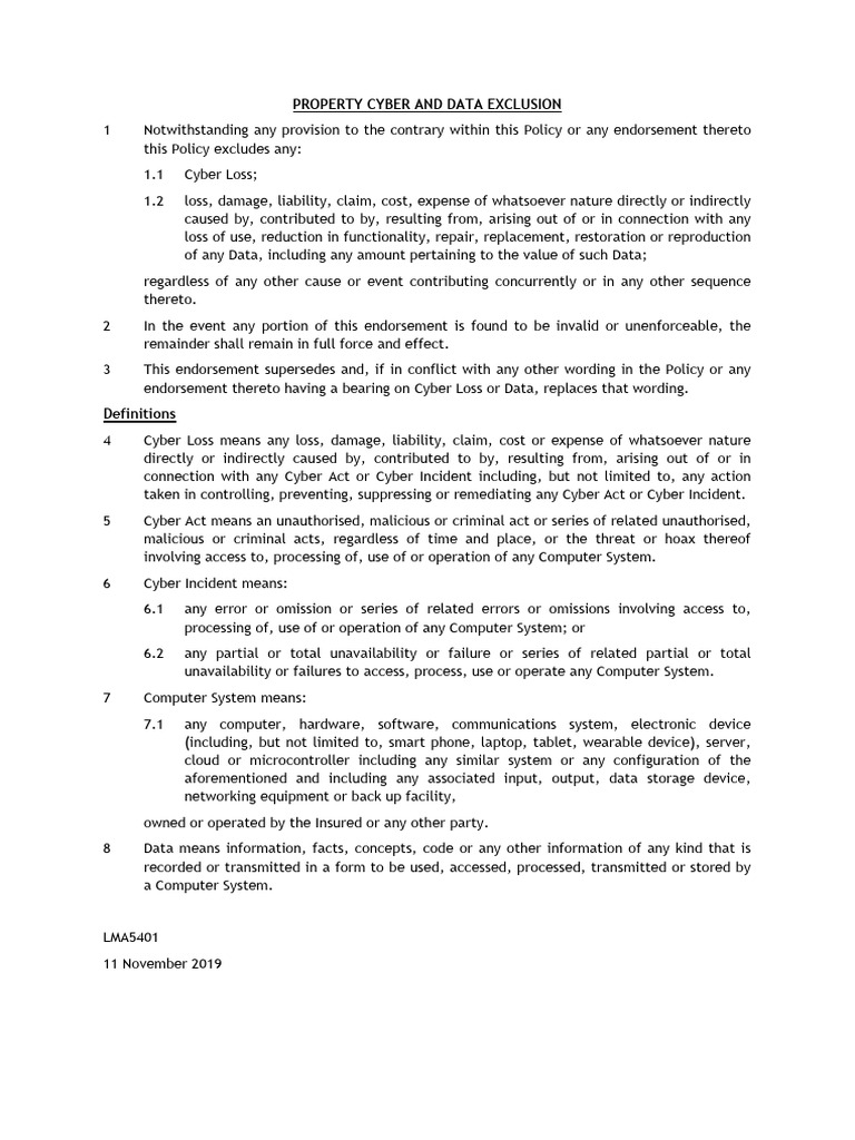 Property Cyber and Data Exclusion Policy | PDF | Information | Data