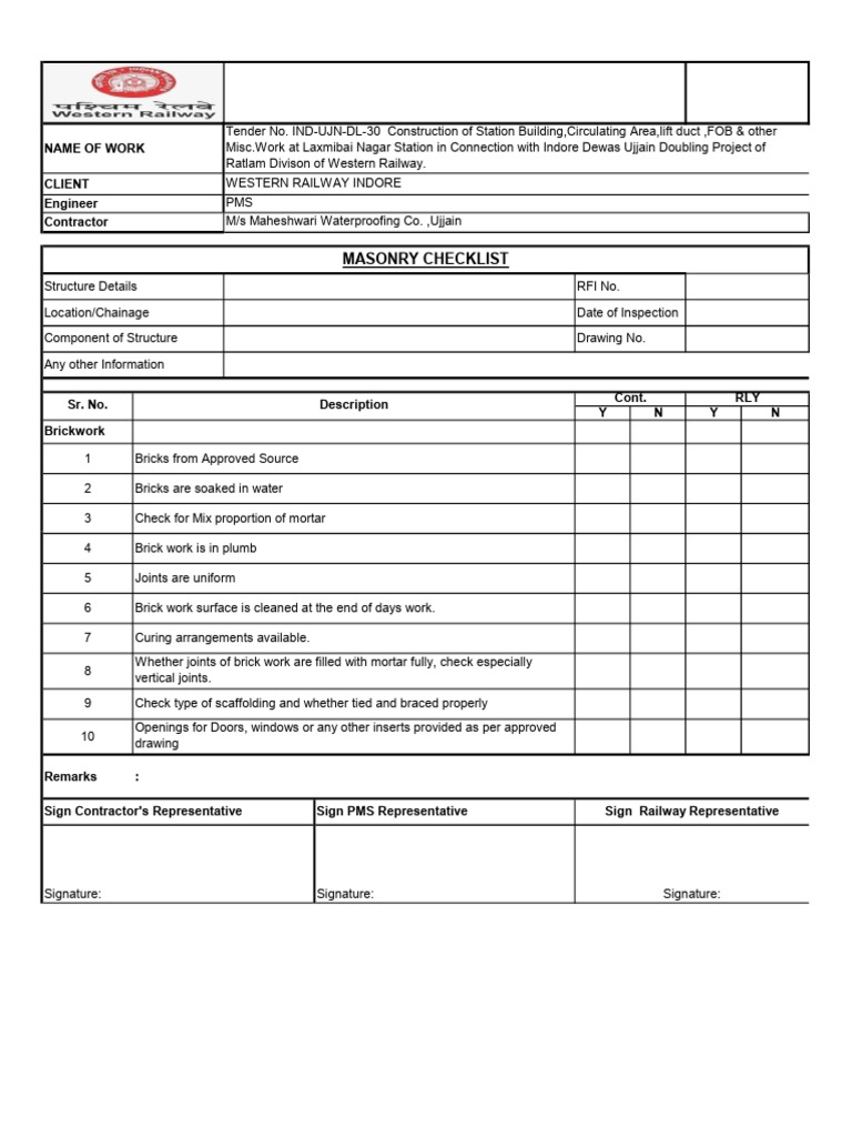 Masonry Inspection Checklist for Railway Project | PDF