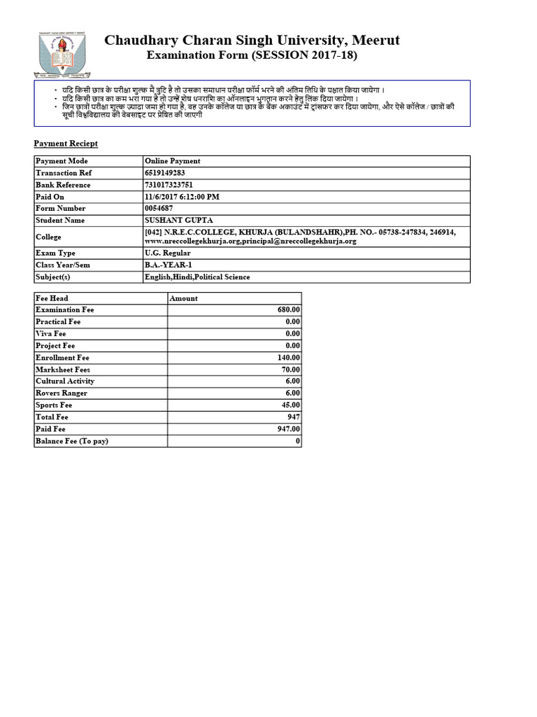 CCS University Exam Form 2017-18 | PDF
