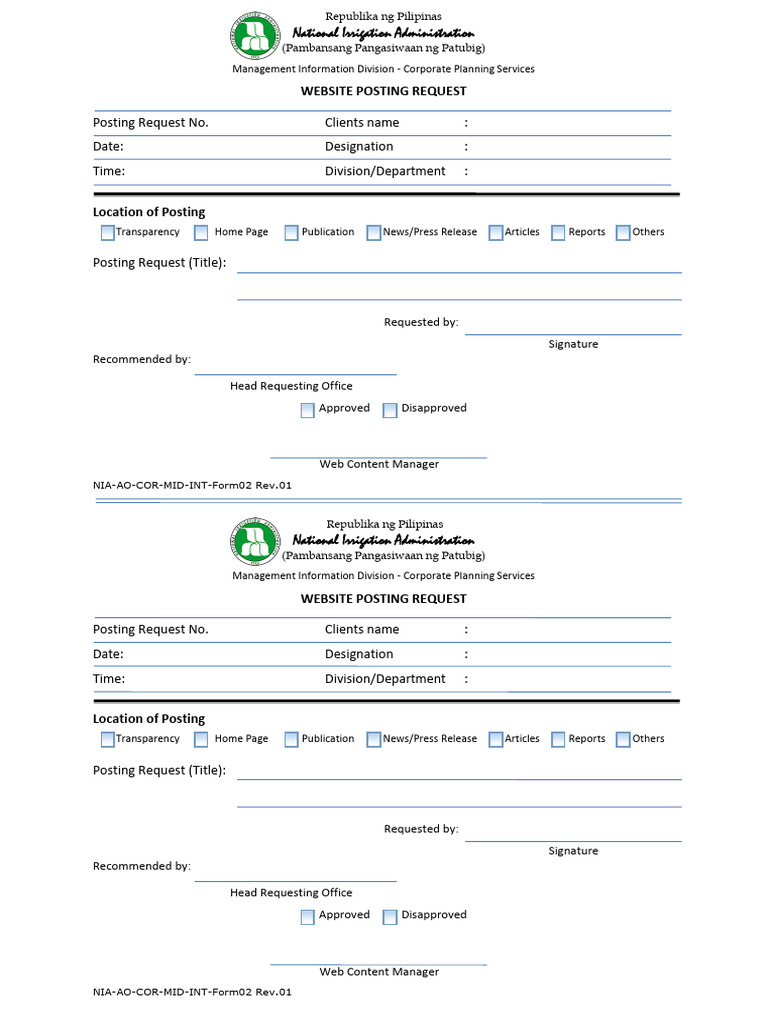 NIA Website Posting Request Form | PDF