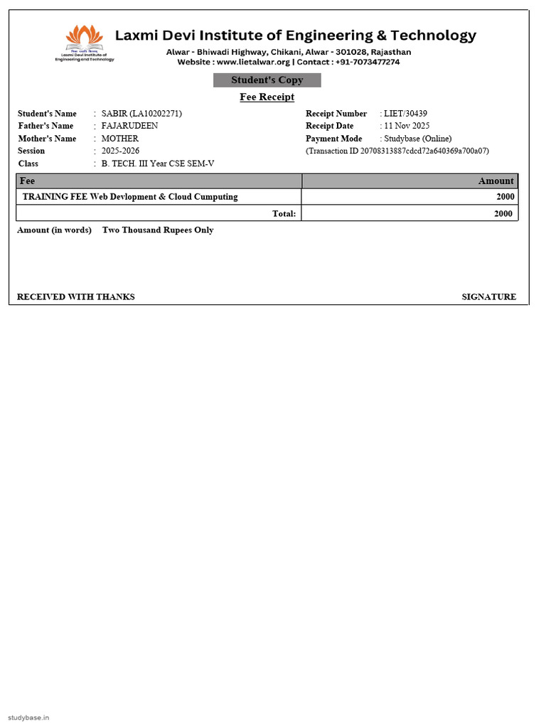 B. Tech III Year Fee Receipt 2025-26 | PDF