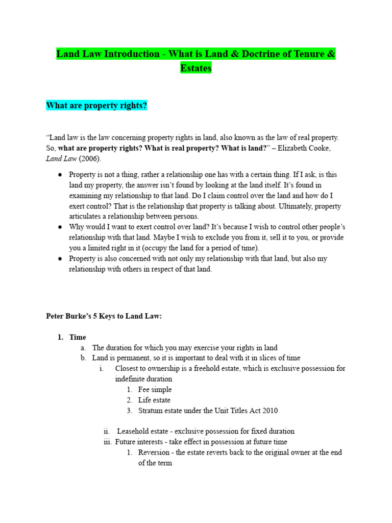 Land Law 301 Study Doc | PDF | Leasehold Estate | Fee Simple
