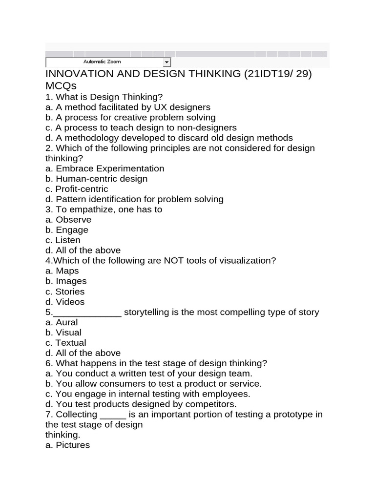 Design Thinking MCQs for Innovation | PDF | Design Thinking | Thought