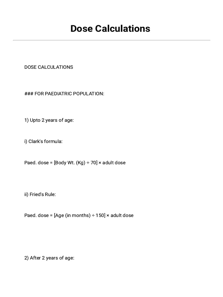 Pediatric Dose Calculation Formulas | PDF | Dose (Biochemistry) | Chemistry
