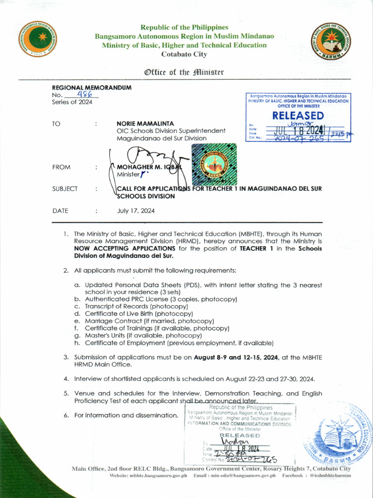 RM 486 Call For Applications For Teacher I in Maguindanao Del Sur ...