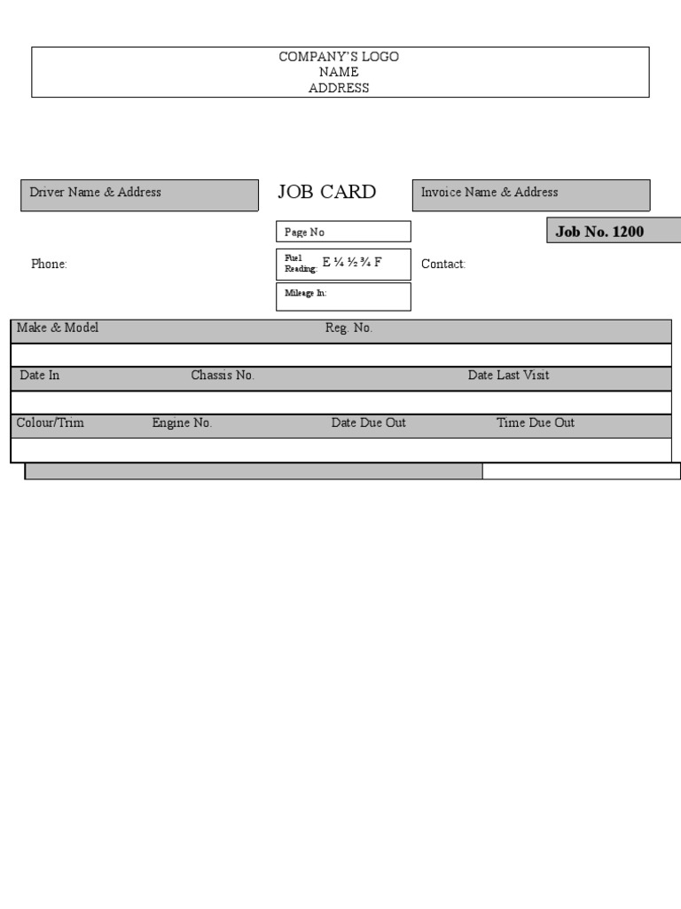 Sample Auto Workshop Job Card  Private Transport  Car Body Styles Regarding Mechanics Job Card Template